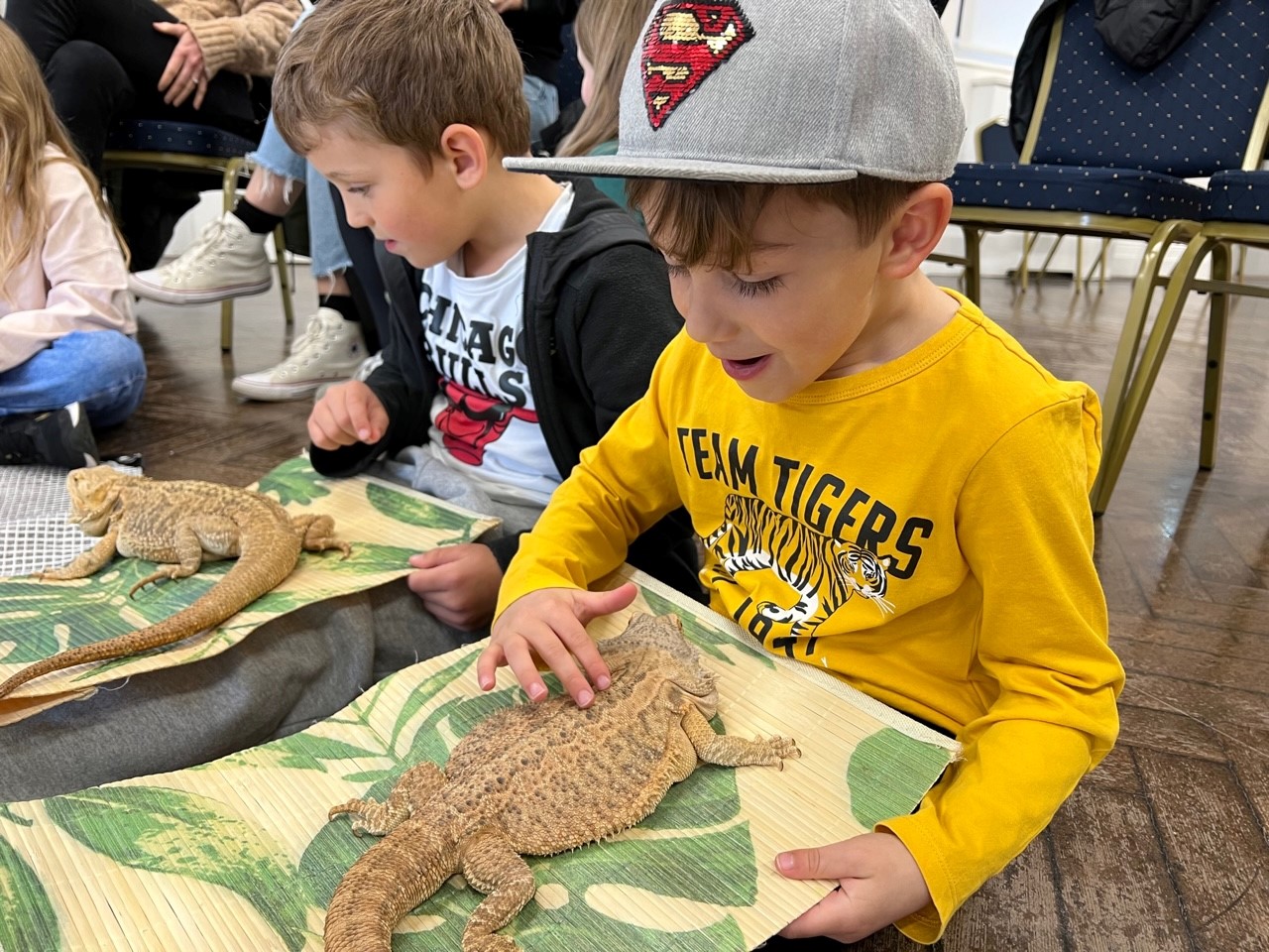 Picture of children petting bearded dragos at Lindas Party Pets workshop 2023
